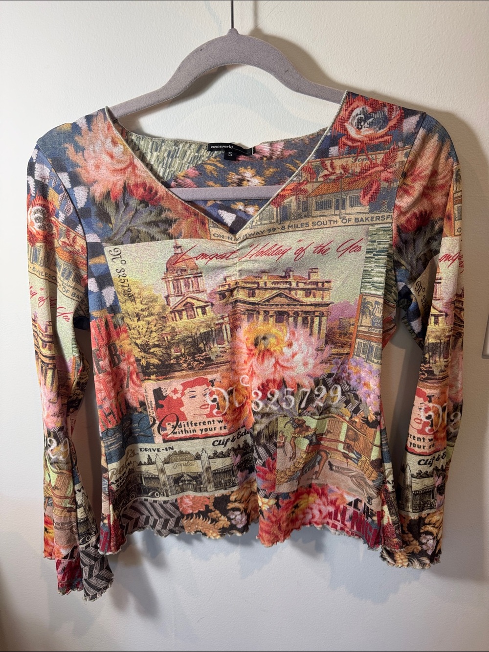 ONE WORLD Multicolor Vintage Floral Collage V-Neck Long Sleeve Top